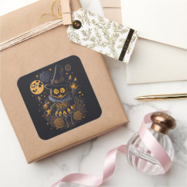 Pegatina Cuadrada Golden Witch Cat Sticker | Elegant Halloween Label
