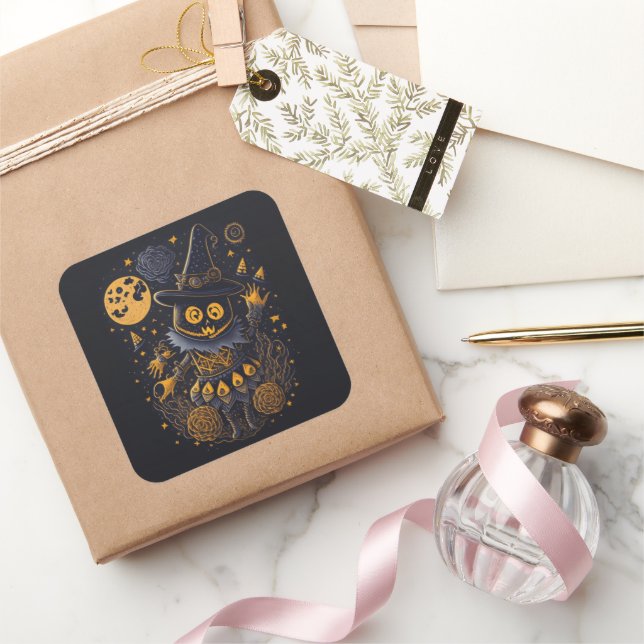 Pegatina Cuadrada Golden Witch Cat Sticker | Elegant Halloween Label (Regalar)