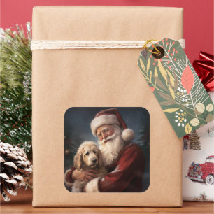 Pegatina Cuadrada Goldendoodle con Navidades festivos de Santa Claus