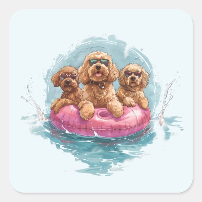 Pegatina Cuadrada Goldendoodle Dogs Verano Pineapple Float (Anverso)