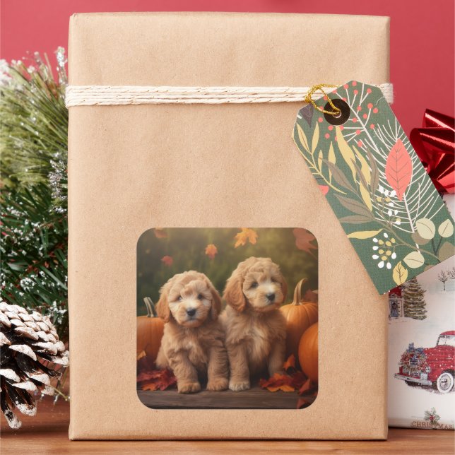 Pegatina Cuadrada Goldendoodle Puppy Autumn Delight Pumpkin (Vacaciones)