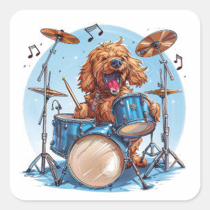 Pegatina Cuadrada Goldendoodle tocando la batería