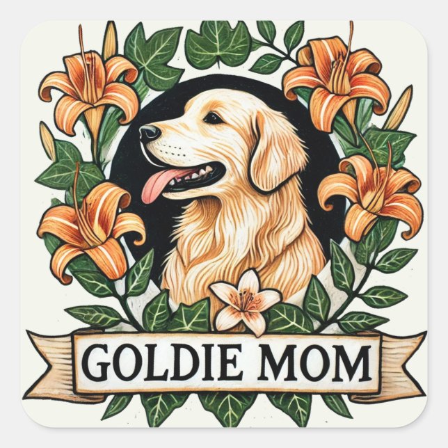 Pegatina Cuadrada Goldie Mom Golden Retriever Dog Moms (Anverso)