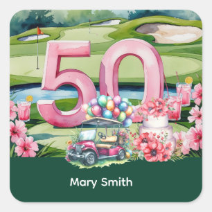 Pegatina Cuadrada Golf 50 cumpleaños con número 50
