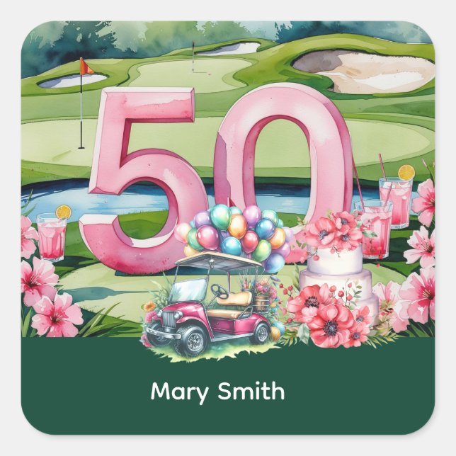 Pegatina Cuadrada Golf 50 cumpleaños con número 50 (Anverso)