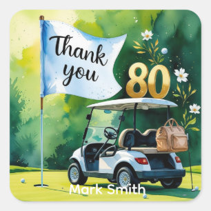 Pegatina Cuadrada Golf 80 cumpleaños con carrito de golf en verde
