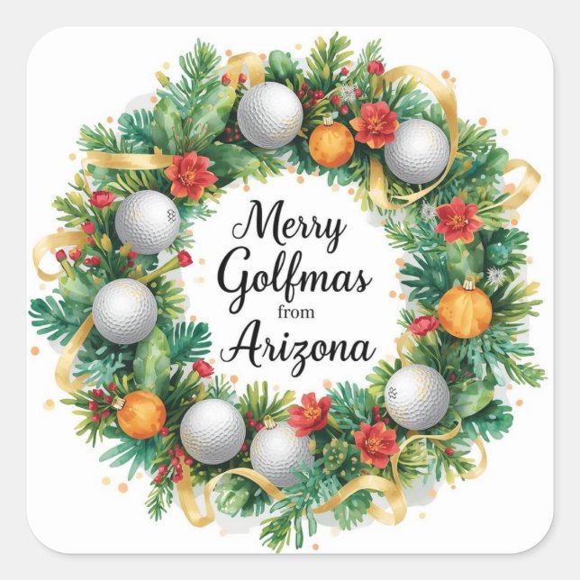 Pegatina Cuadrada Golf  Arizona Christmas Greeting with Golf Wreath (Anverso)