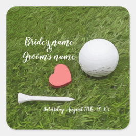Pegatina Cuadrada Golf Boda bola y tac con amor en verde