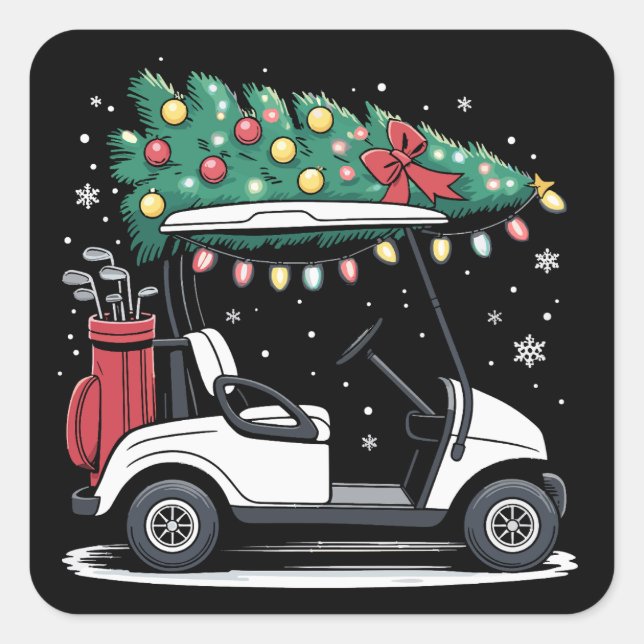 Pegatina Cuadrada Golf Cart Christmas Tree Lights Xmas Sport Golfer  (Anverso)