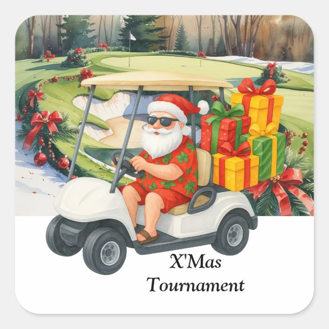 Pegatina Cuadrada Golf Christmas with Santa Claus on Green (Anverso)