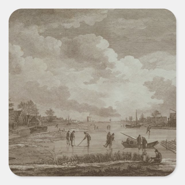 Pegatina Cuadrada Golf en hielo, grabado de copperline por Van Dreve (Anverso)