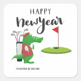Pegatina Cuadrada Golf Feliz Año Nuevo con cocodrilos de golf en la