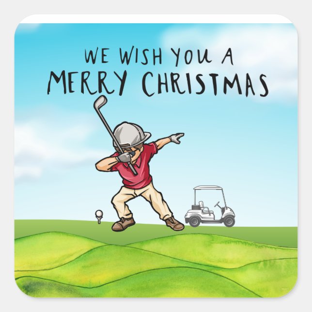 Pegatina Cuadrada Golf Feliz Navidad con Dabbing Golfer (Anverso)