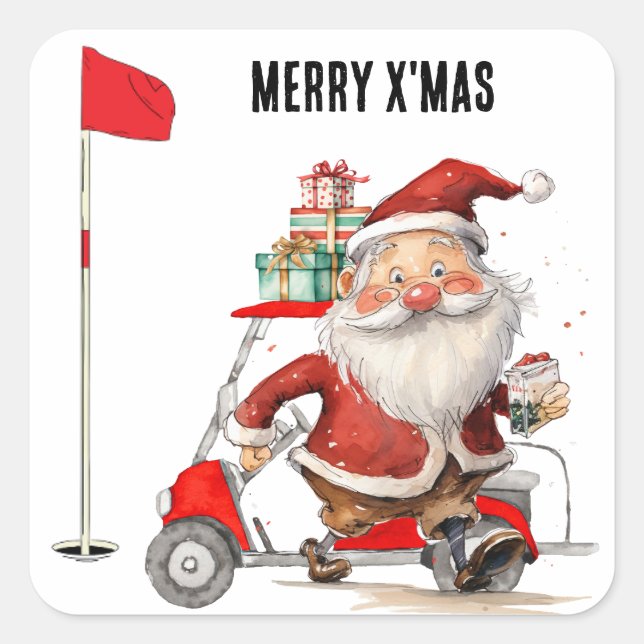 Pegatina Cuadrada Golf Feliz Navidad con Santa Claus Golfer (Anverso)