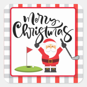Pegatina Cuadrada Golf Feliz Navidad con Santa jugando al golf