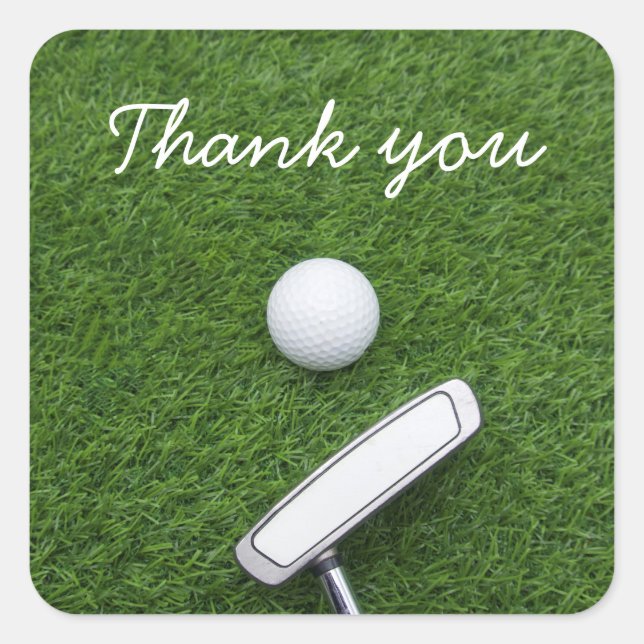 Pegatina Cuadrada Golf gracias con la pelota de golf y putter en ver (Anverso)