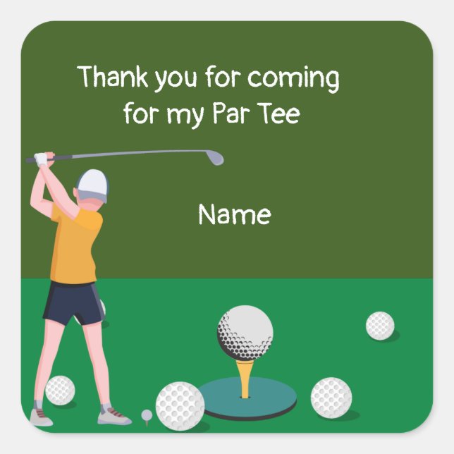 Pegatina Cuadrada Golf gracias por venir a mi fiesta de par tee (Anverso)
