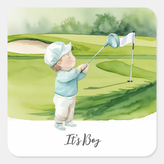 Pegatina Cuadrada Golf  It's Boy for Baby Shower   (Anverso)
