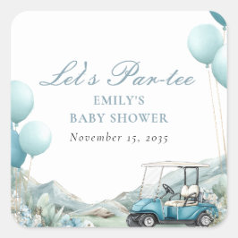 Pegatina Cuadrada Golf Let's Par-tee Blue Baby Shower