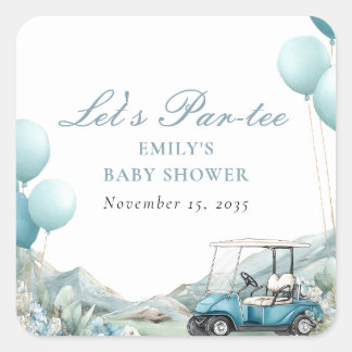 Pegatina Cuadrada Golf Let's Par-tee Blue Baby Shower