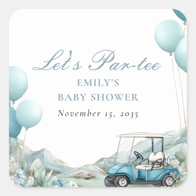 Pegatina Cuadrada Golf Let's Par-tee Blue Baby Shower (Anverso)