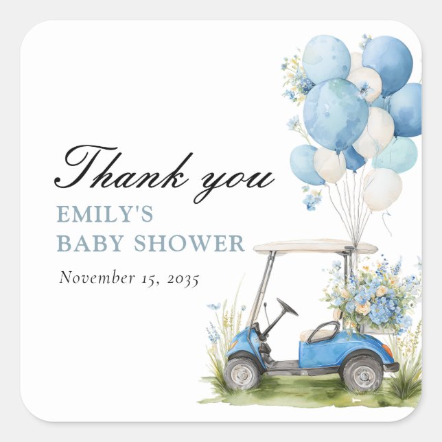 Pegatina Cuadrada Golf Let's Par-tee Boy Baby Shower (Anverso)