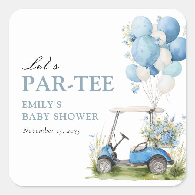 Pegatina Cuadrada Golf Let's Par-tee Boy Baby Shower (Anverso)