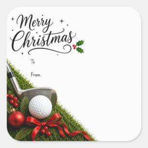 Pegatina Cuadrada Golf Navidad con sombrero de Santa de pelota de go