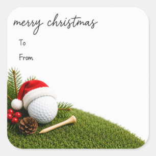 Pegatina Cuadrada Golf Navidad con sombrero de santa de pelota de go