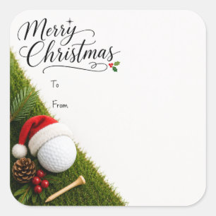 Pegatina Cuadrada Golf Navidad con sombrero de santa de pelota de go