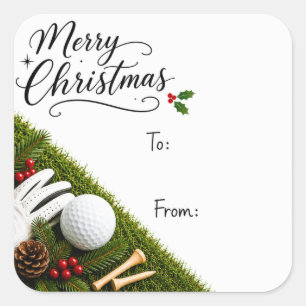 Pegatina Cuadrada Golf Navidad con sombrero de santa de pelota de go