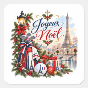 Pegatina Cuadrada Golf Navidad en París Francia Acuarela