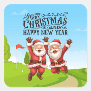 Pegatina Cuadrada Golf Santa Claus Feliz Navidad