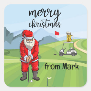 Pegatina Cuadrada Golf Santa Claus: golf para Navidades
