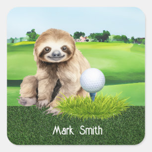 Pegatina Cuadrada Golf Sloth Golfer en césped verde