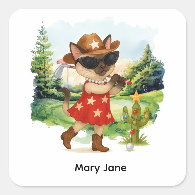 Pegatina Cuadrada Golf Texas temática para los amantes del gato (Anverso)