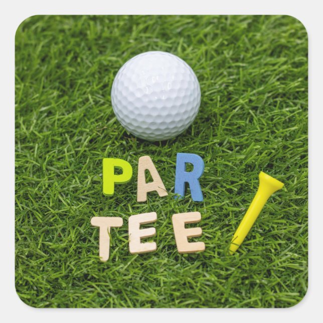 Pegatina Cuadrada Golf vamos a jugar con golf y tee on green (Anverso)