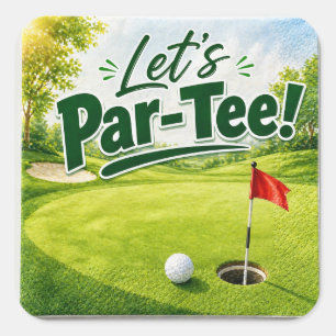 Pegatina Cuadrada Golf Vamos al Par con bandera de golf en verde bla