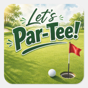 Pegatina Cuadrada Golf Vamos al Par con bandera de golf en verde bla