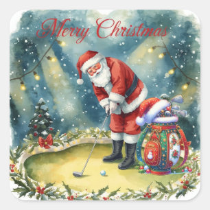 Pegatina Cuadrada Golfer Santa Claus golf Feliz Navidad