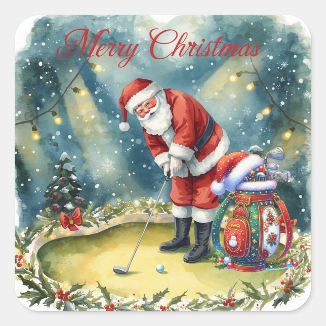 Pegatina Cuadrada Golfer Santa Claus golf Feliz Navidad (Anverso)