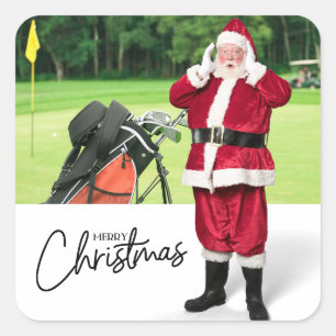 Pegatina Cuadrada Golfer Santa sobre Green para los Navidades