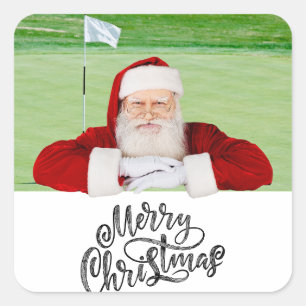 Pegatina Cuadrada Golfer Santa sobre Green para los Navidades