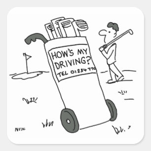 Pegatina Cuadrada Golfista con Rótulo diciendo ¿Cómo manejo? Diverti