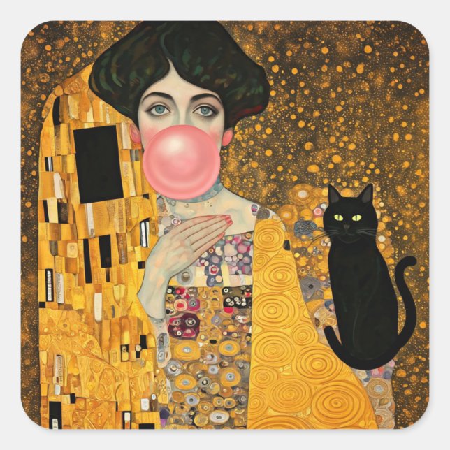 Pegatina Cuadrada Goma rosa de burbuja con gato negro Gustav Klimt (Anverso)