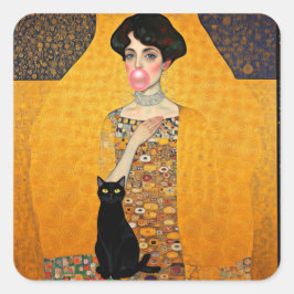 Pegatina Cuadrada Goma rosa de burbuja con gato negro Gustav Klimt