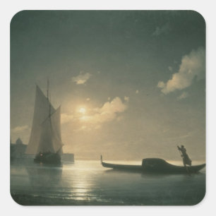 Pegatina Cuadrada Gondolero en el mar por la noche, 1843
