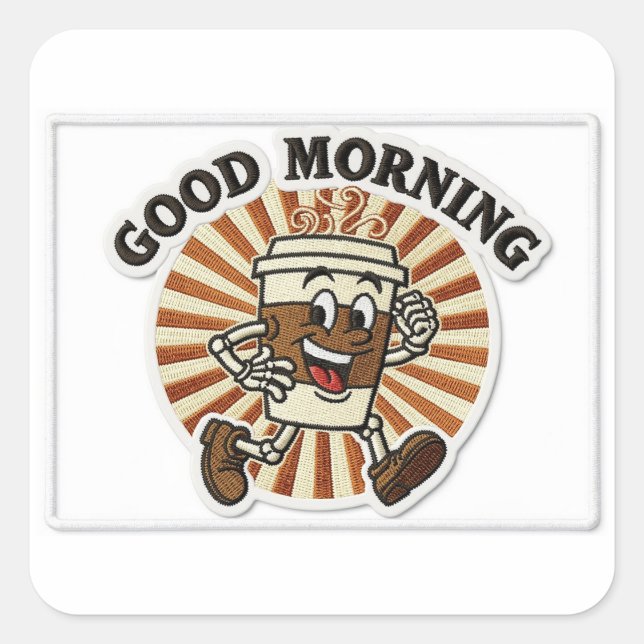 Pegatina Cuadrada "Good Morning" Coffee Cup Mascot Embroidered Patch (Anverso)