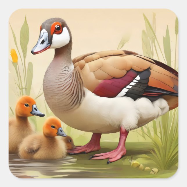 Pegatina Cuadrada Goose egipcio con patitos (Anverso)