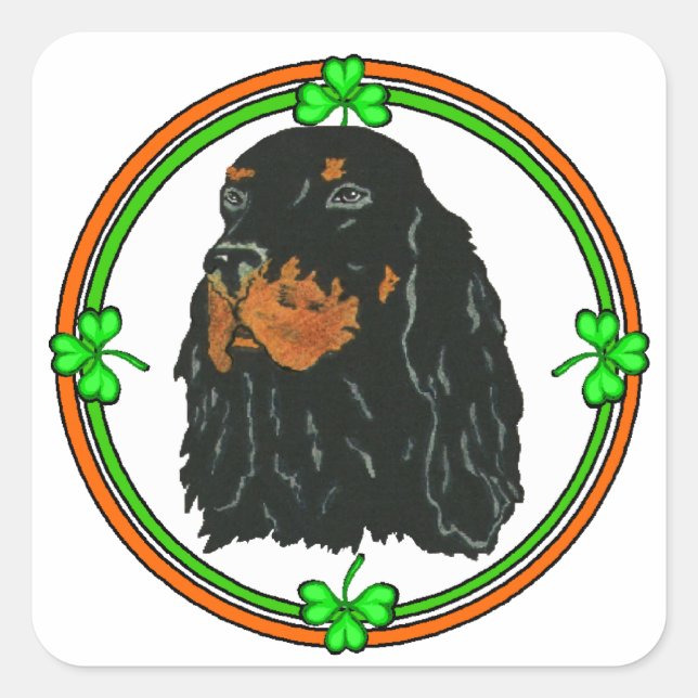 Pegatina Cuadrada Gordon Setter St Patricks (Anverso)